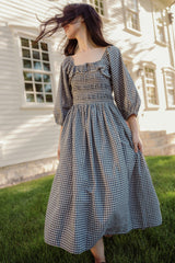 Mae 3/4 Sleeves Dress in Prussian Blue Plaid