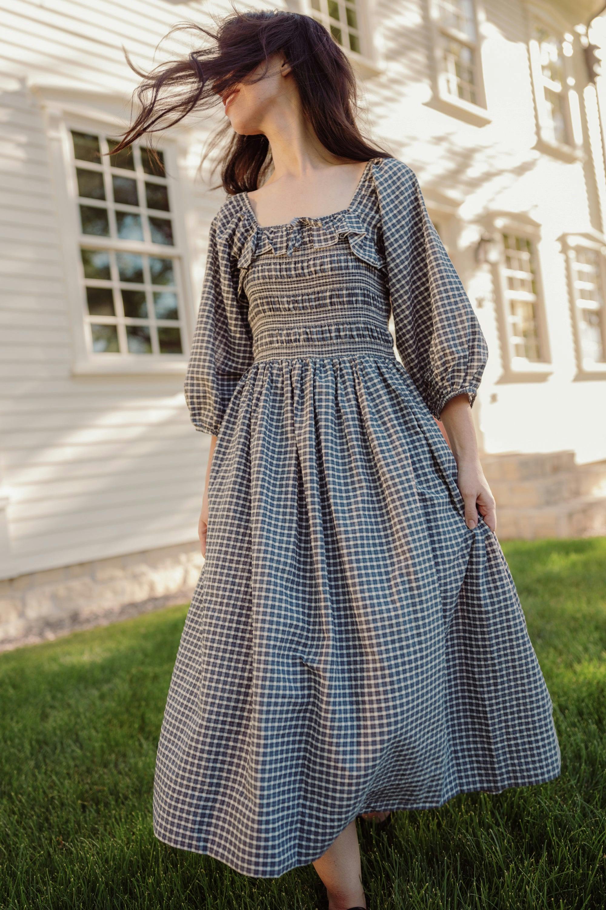Mae 3/4 Sleeves Dress in Prussian Blue Plaid