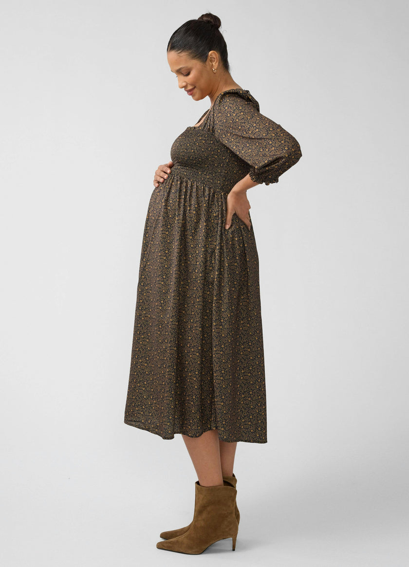Smocked Sateen Maternity and Nursing Midi Dress