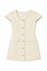 Zoe Cream Dress With Bow Buttons Vegan Leather Cap Sleeve
