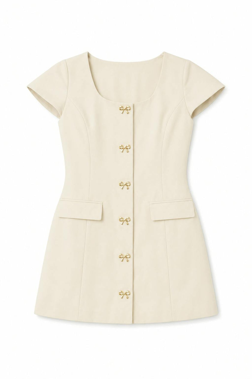 Zoe Cream Dress With Bow Buttons Vegan Leather Cap Sleeve