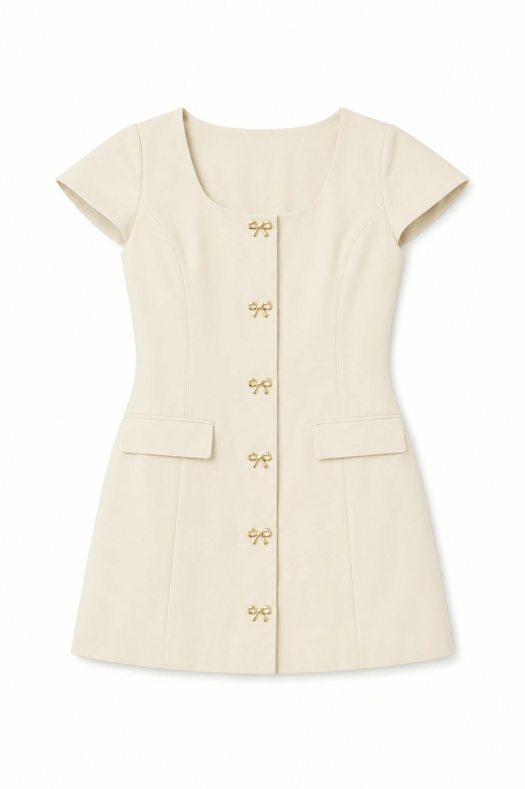 Zoe Cream Dress With Bow Buttons Vegan Leather Cap Sleeve