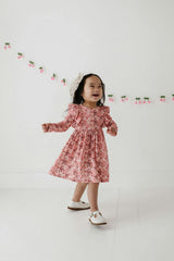 Girls Long Sleeve Ruffle Dress in Cherry Hearts