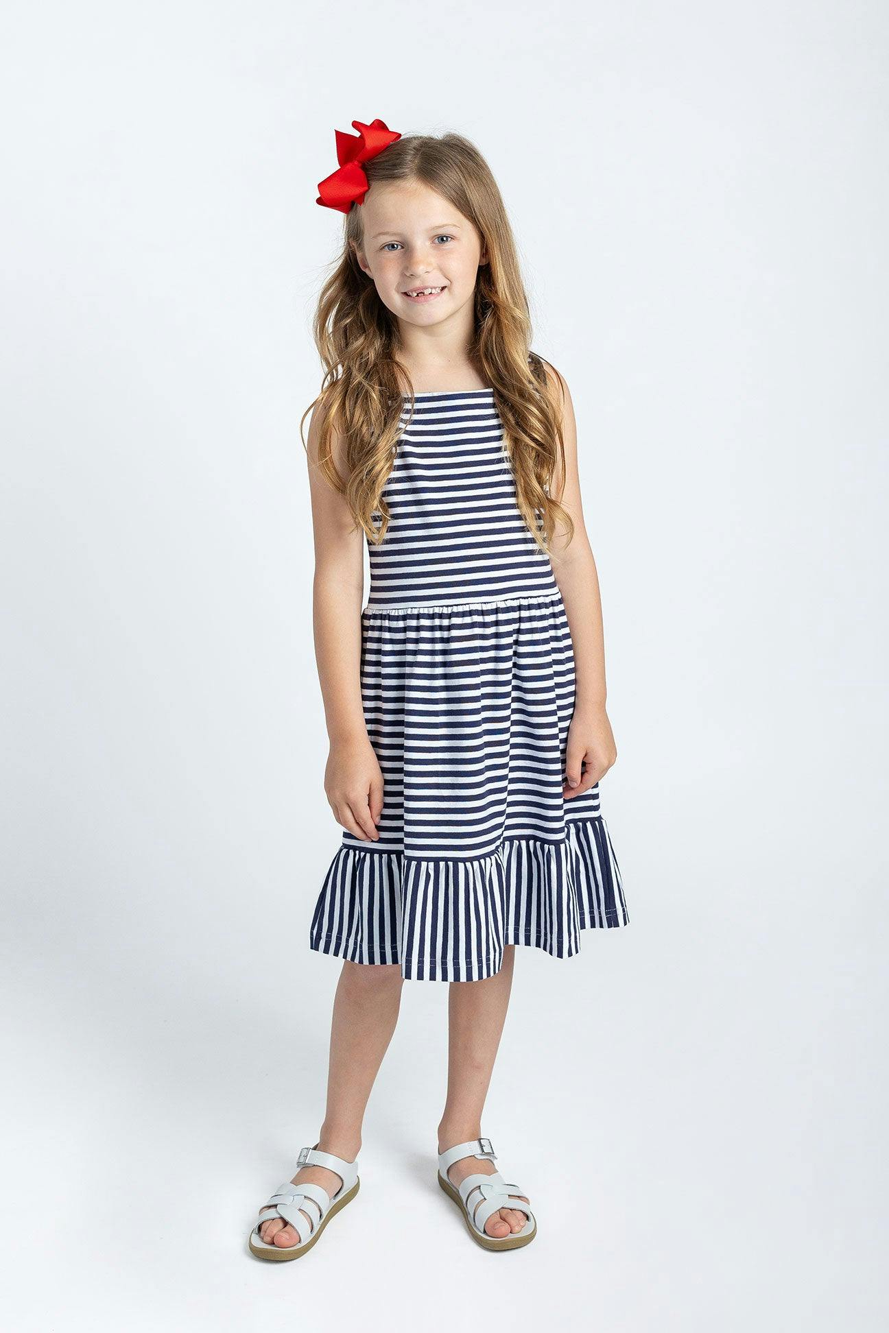 Navy Stripe Knit Dress With Shirred Skirt