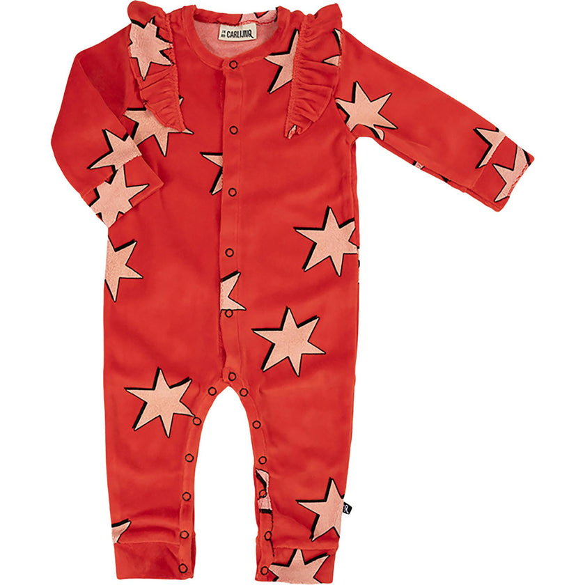 Stars Graphic Print Velvet Ruffle Shoulder Long Sleeve Snap Romper