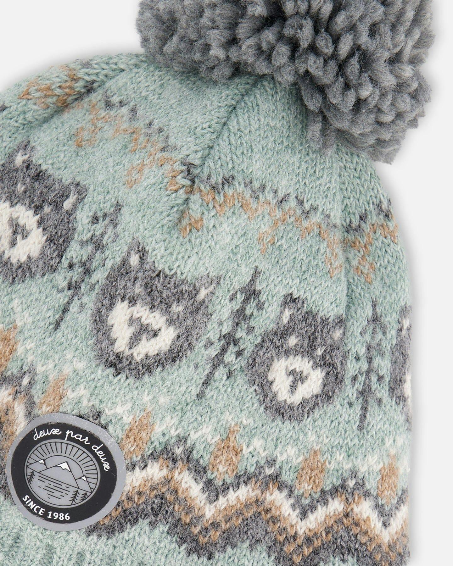 Lined Peruvian Knit Pompom Hat Gray And Sage