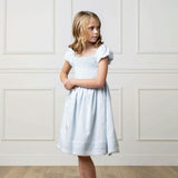 Organic Sateen Cap Sleeve Special Occasion Smocked Flower Girl Dress, Blue