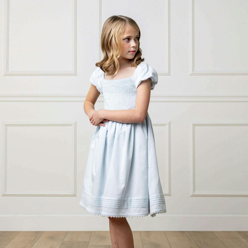 Organic Sateen Cap Sleeve Special Occasion Smocked Flower Girl Dress, Blue