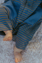 Scottie Romper in Thin Stone Blue Mustard Stripe