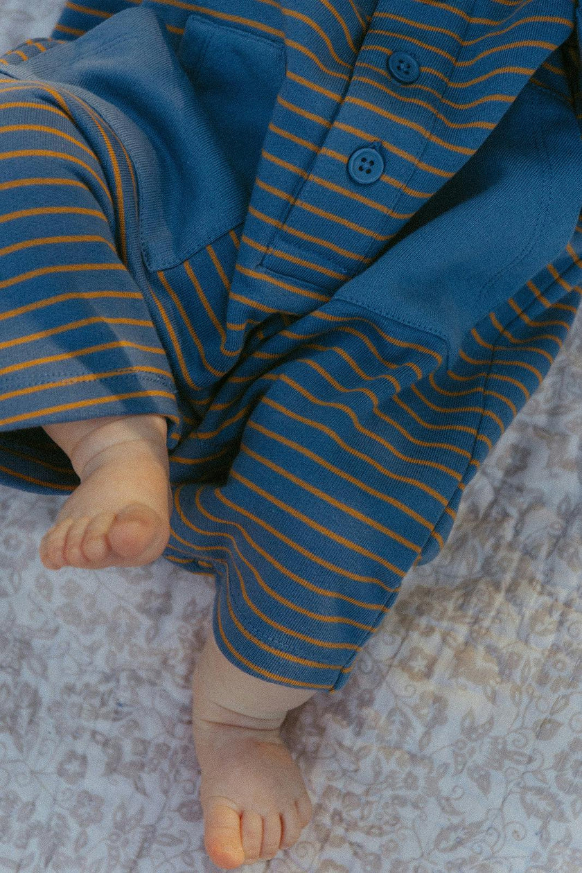 Scottie Romper in Thin Stone Blue Mustard Stripe