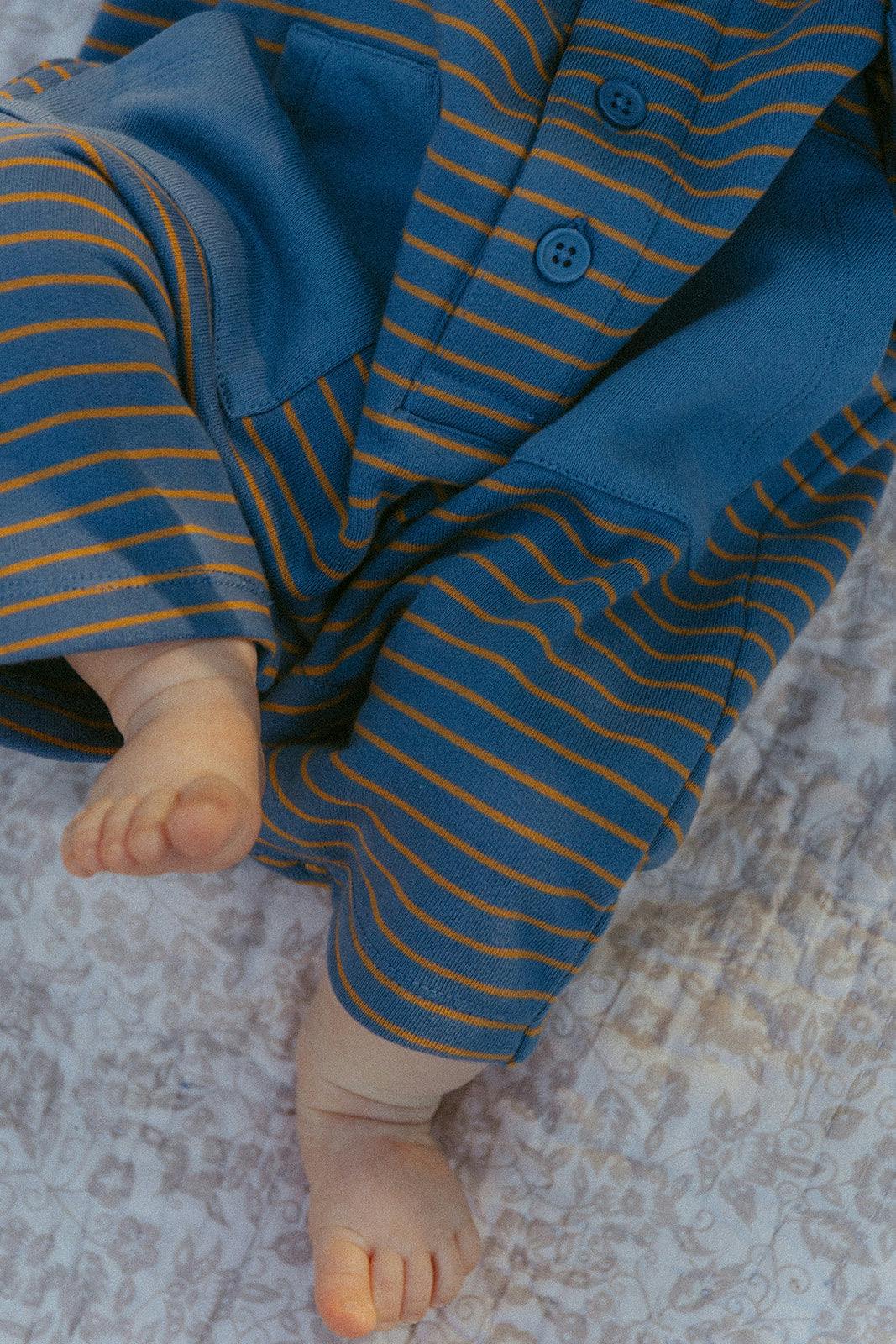 Scottie Romper in Thin Stone Blue Mustard Stripe