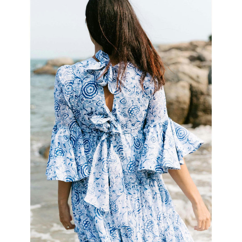 Block Printed Women's Dress - Blue Floral