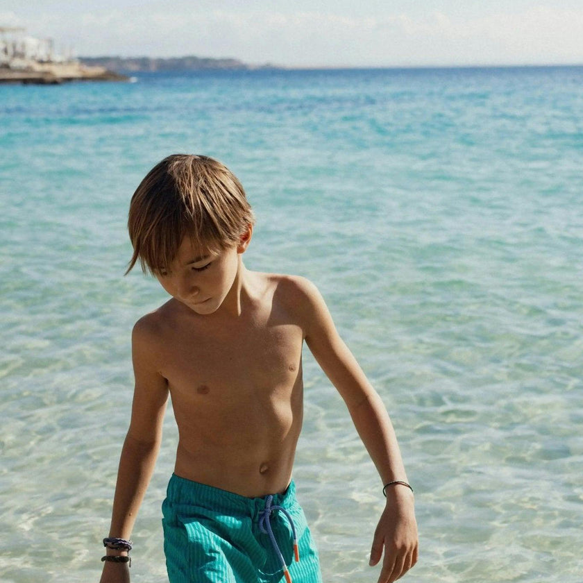 Boys' swim shorts, green stripes | FIJI