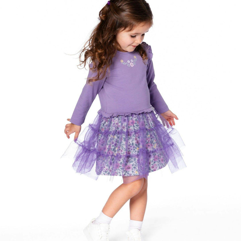 Bi-Material Dress with Muslin and Mesh Skirt