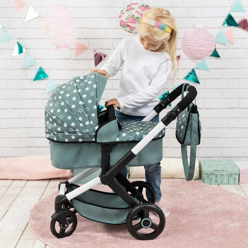 Bayer Design Dolls: Pram Xeo - Stars Green & White