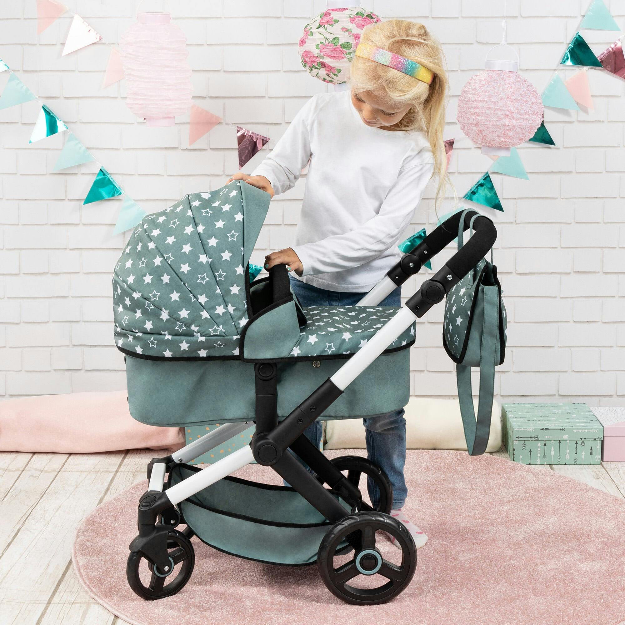 Bayer Design Dolls: Pram Xeo - Stars Green & White