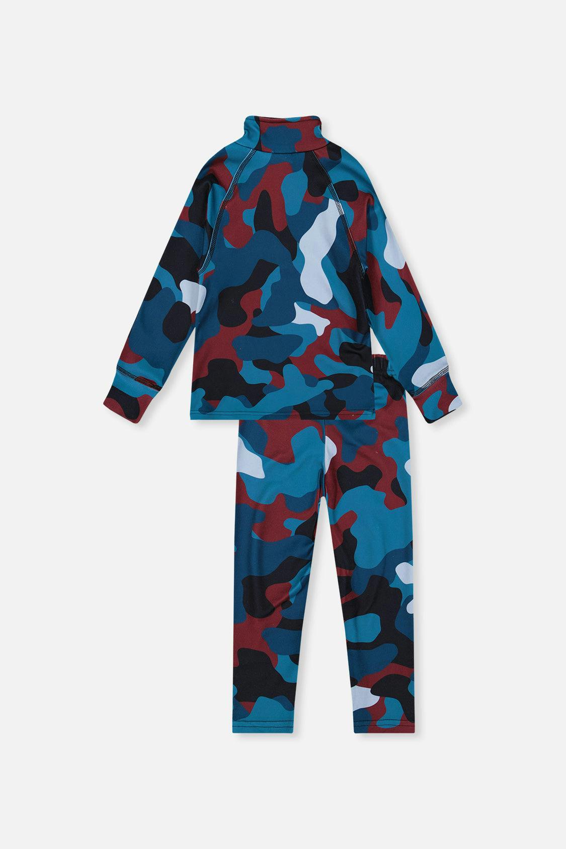 Two Piece Thermal Underwear Blue and Red Camouflage Print