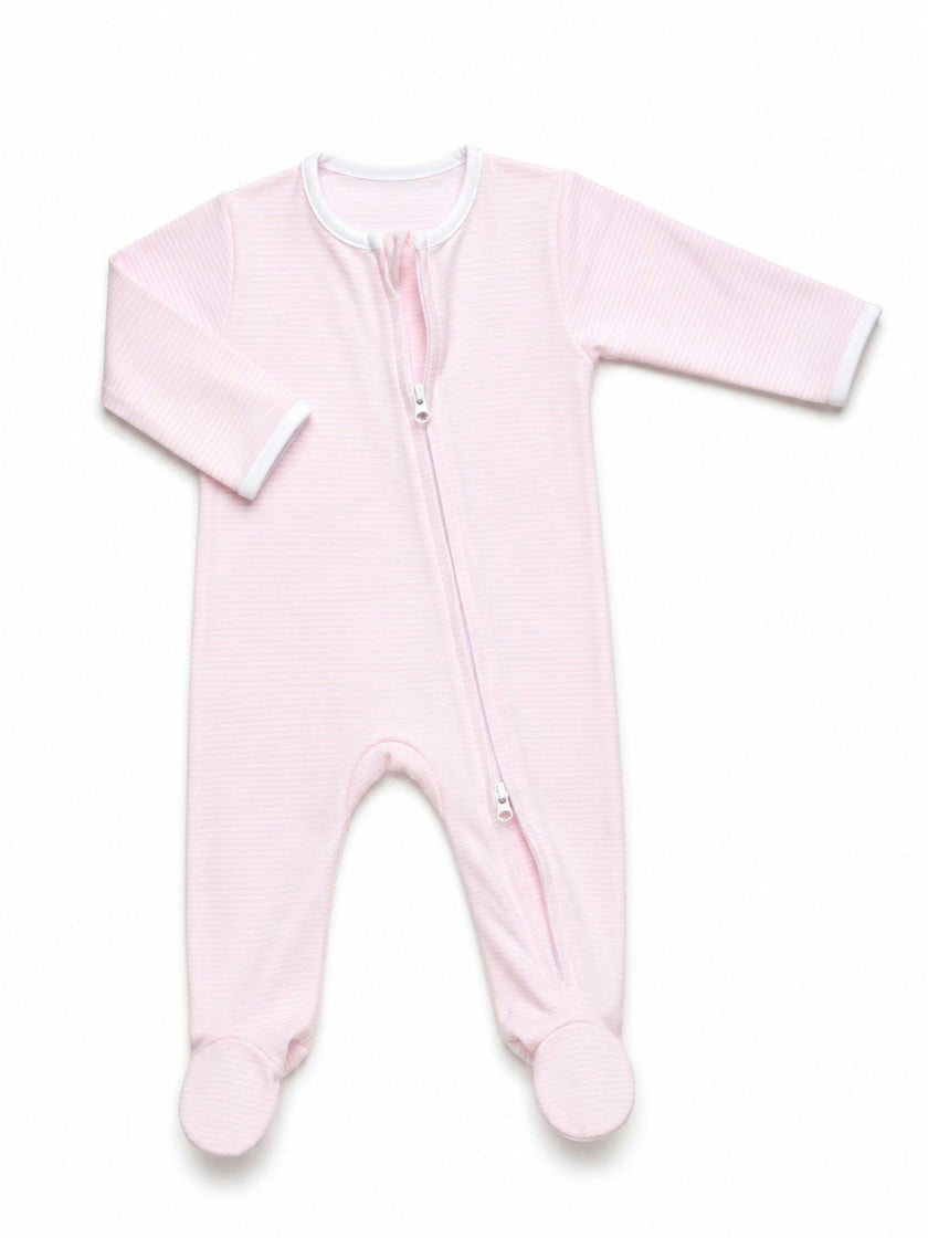 Two Way Zip Striped Footie Pajama | Lt Pink Mini Stripe