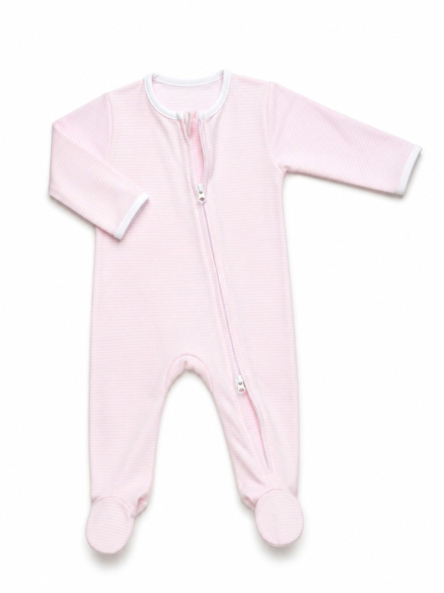 Two Way Zip Striped Footie Pajama | Lt Pink Mini Stripe