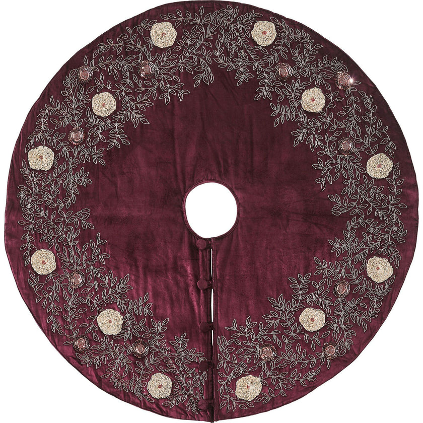 Hand Beaded Velvet Floral WIne Christmas Tree Skirt 60"