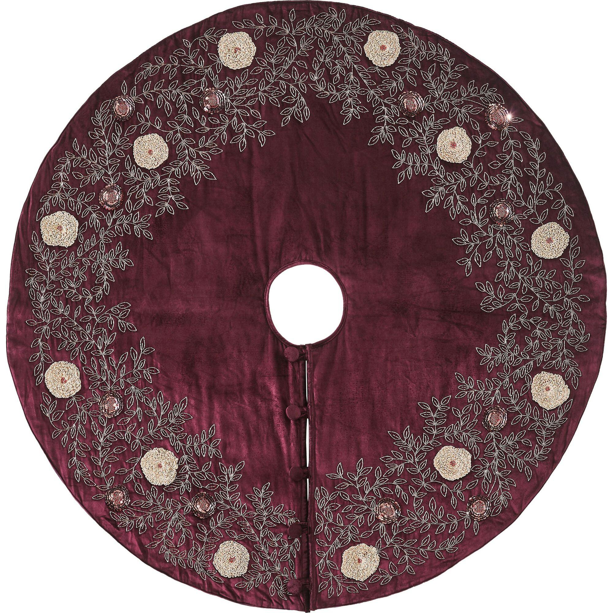 Hand Beaded Floral Christmas Tree Skirt on Wine Velvet - 60