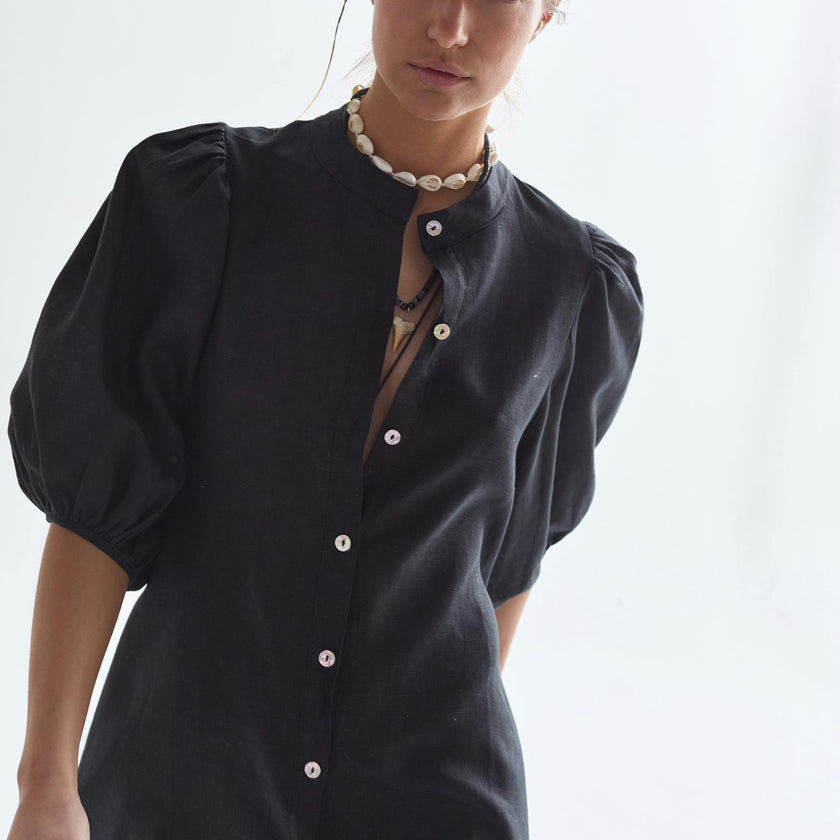 Bubble Linen Dress - Black