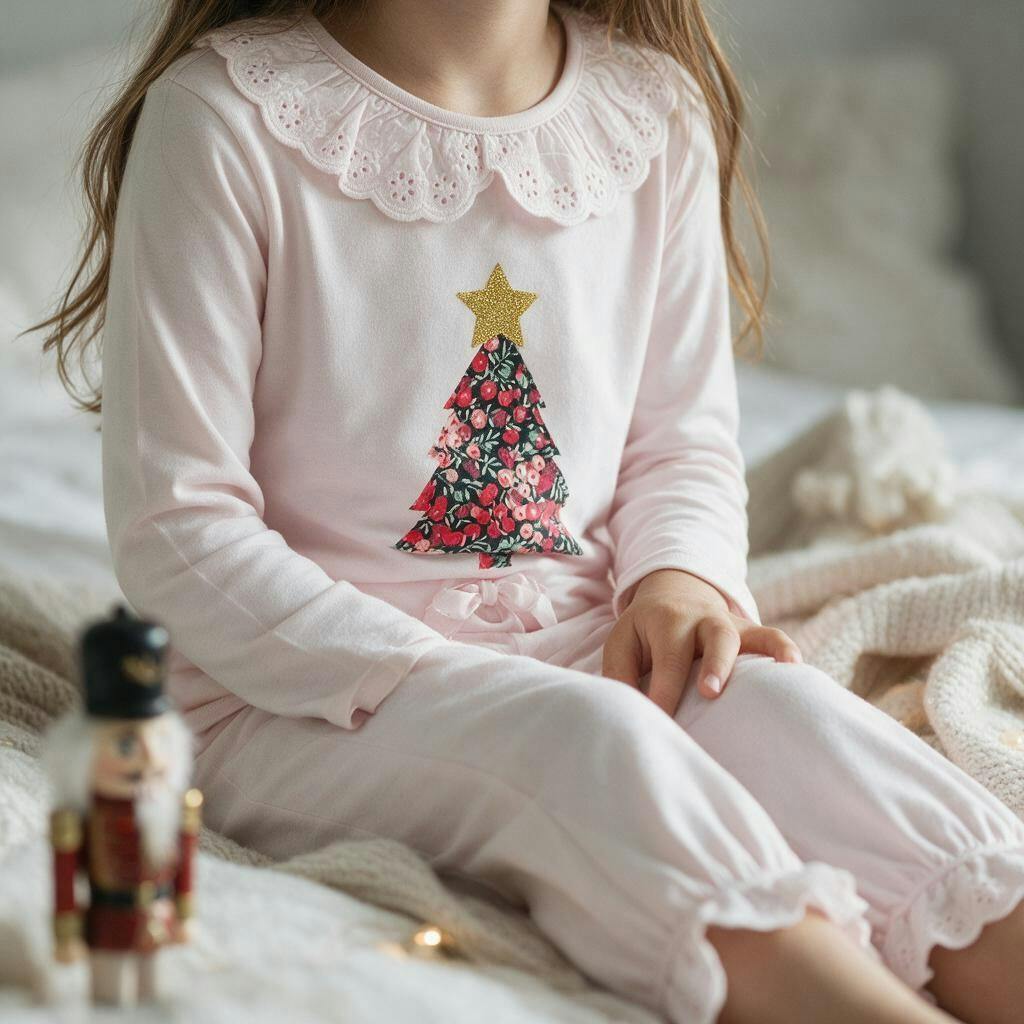 Liberty of London children's Christmas tree frilled pyjamas - pink