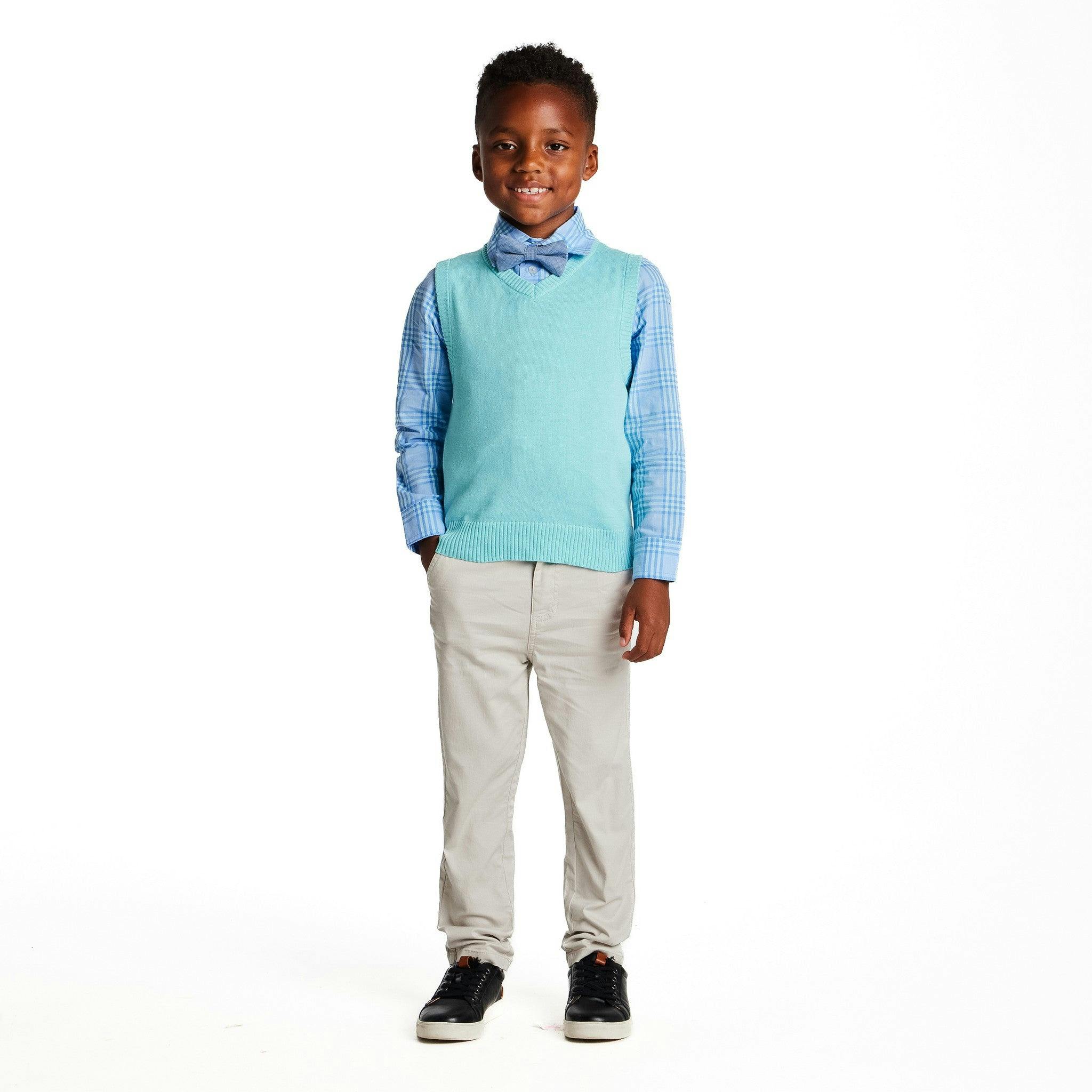 Boys 4-Piece Vest Set | Aqua & Grey Plaid