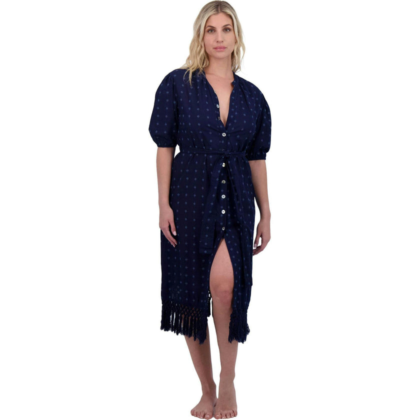 Estelle Women's Fringed Shirtdress Navy Turquoise Swiss Dot, Blue