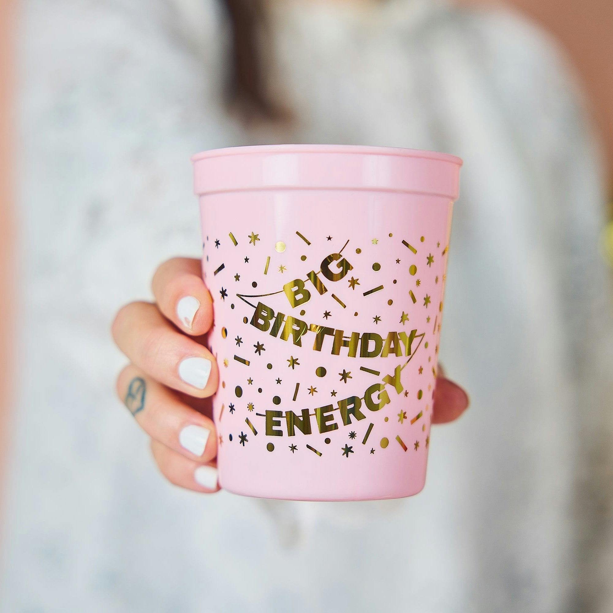 Packed Party Big Birthday Energy Reusable Cup Stack 8ct - 16 oz BPA-Free Pink Cups with Gold Foil