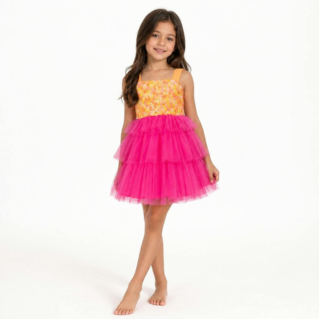 Pink Lemonade Sequin Tiered Tulle Birthday Dress for Girls