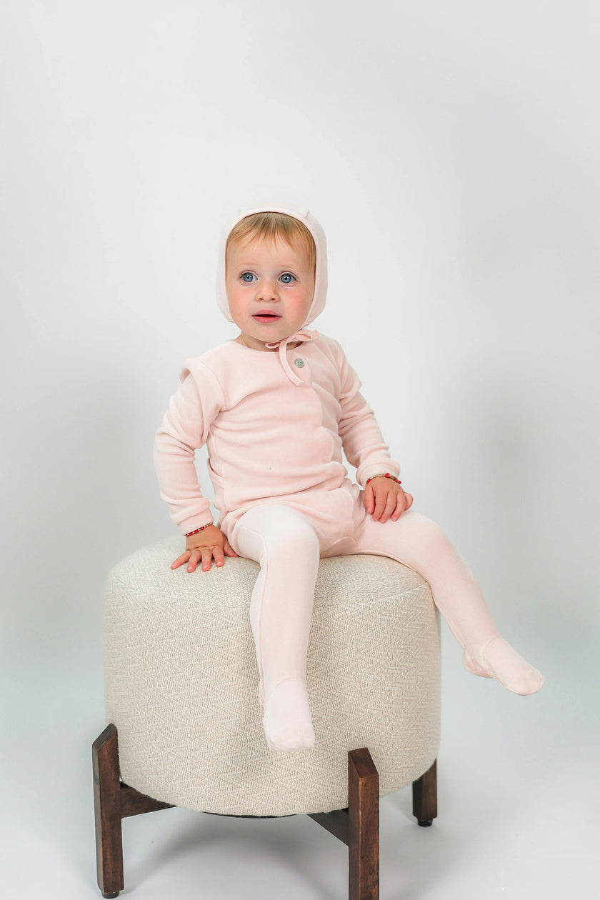 Cotton Velour Scalloped Snap Front Romper and Bonnet Two Piece Set