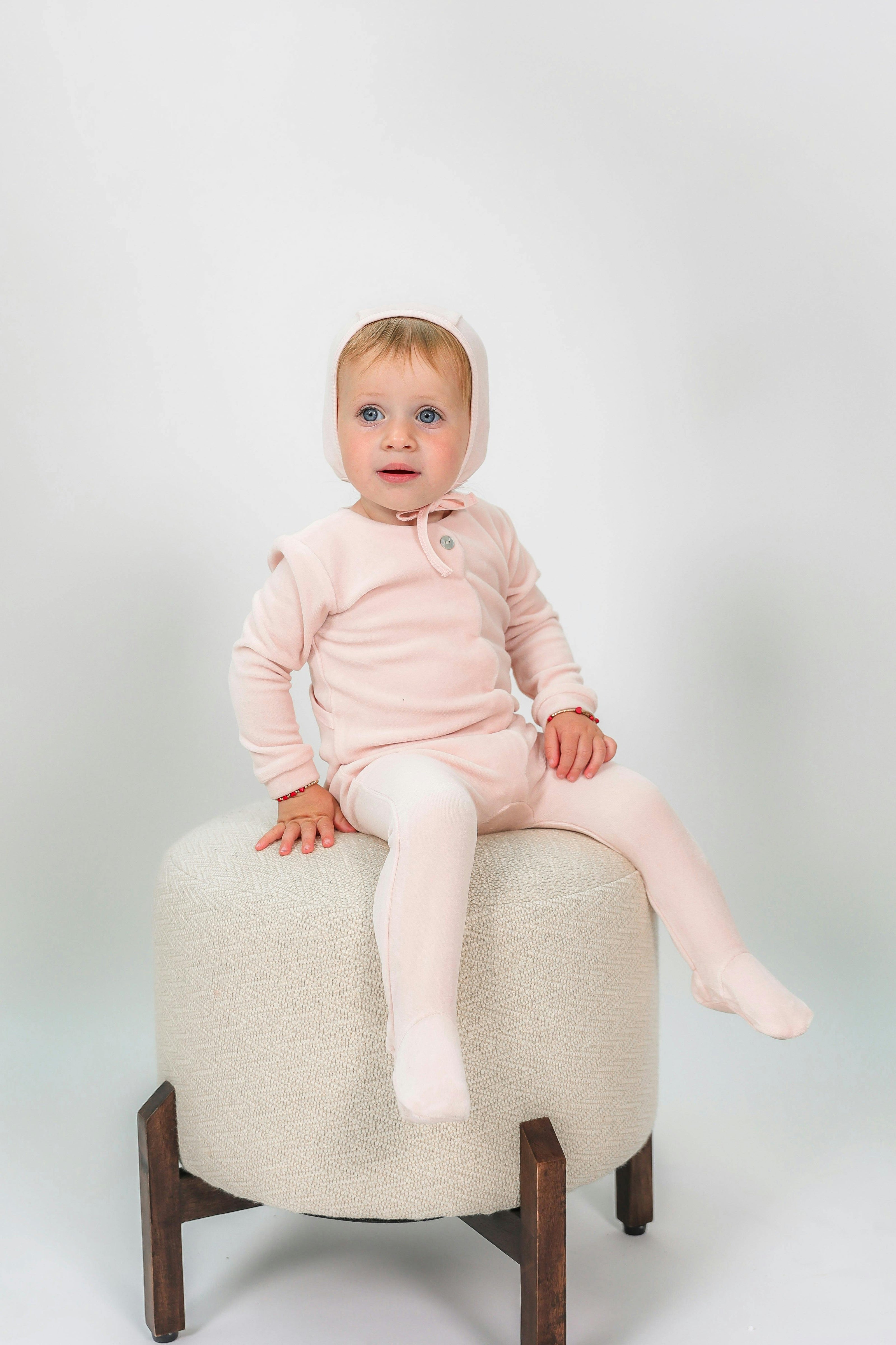 Cotton Velour Scalloped Snap Front Romper and Bonnet Two Piece Set