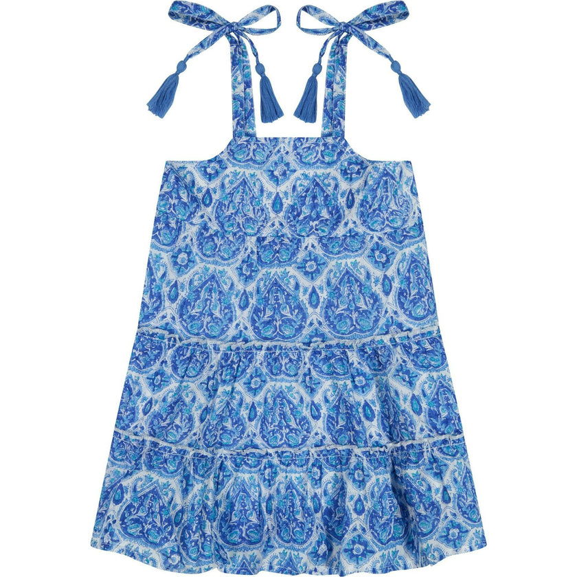 Bella Girl's Shoulder Tie Sundress Blue Paisley, Blue