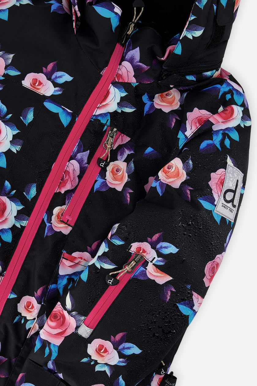 Two Piece Play Snowsuit Black Rose Print With Pink Pants