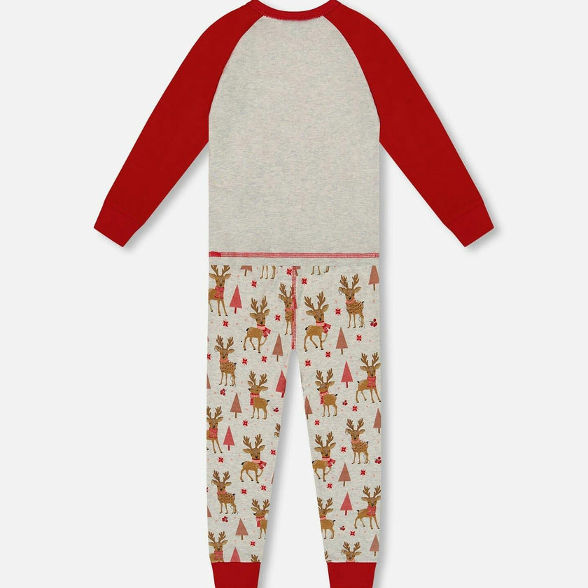Organic Cotton Two-Piece Pajamas Beige Girly Reindeer Print