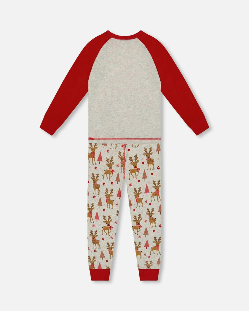 Organic Cotton Two-Piece Pajamas Beige Girly Reindeer Print