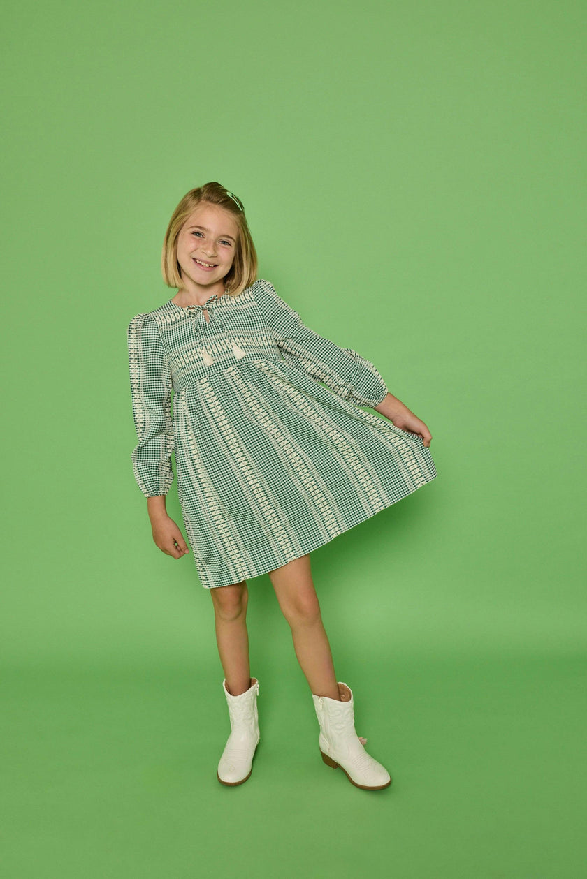 Long Sleeved Riviera Dress - Geneva Gingham Green