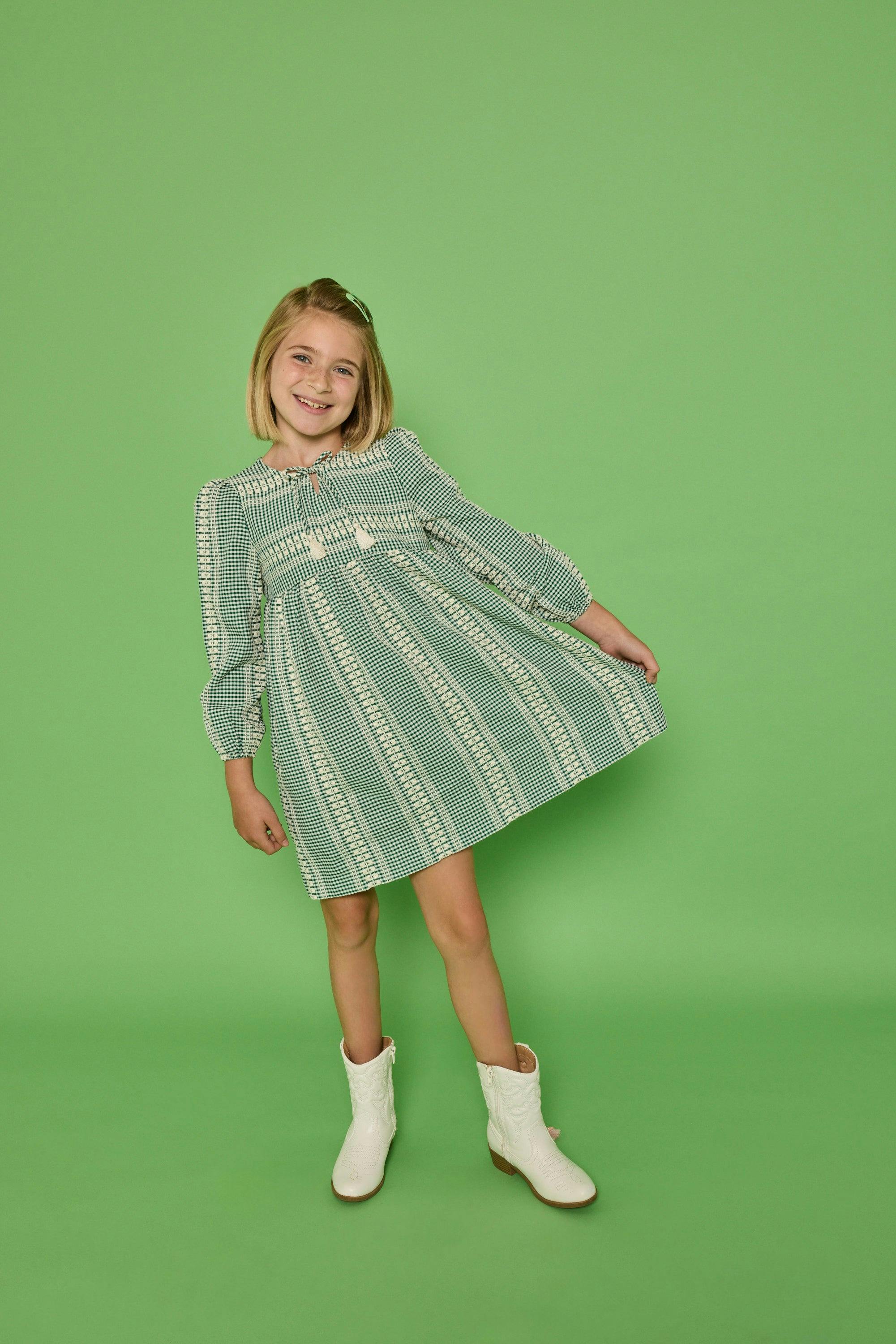 Long Sleeved Riviera Dress - Geneva Gingham Green