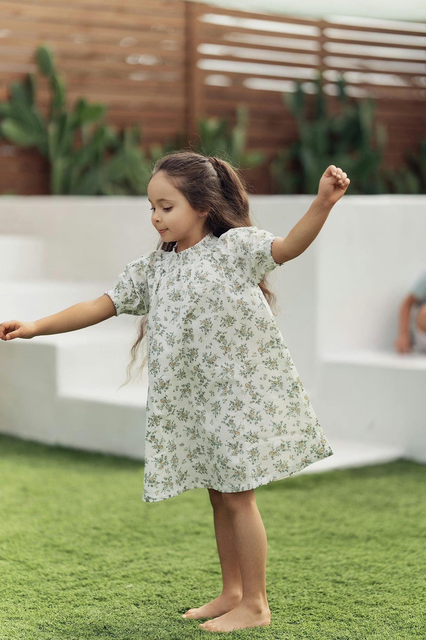 Smocked Floral Short Sleeve Dress