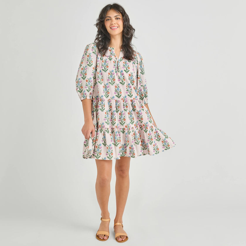 Womens Short Indira Dress - Pink Dewdrop Block Print