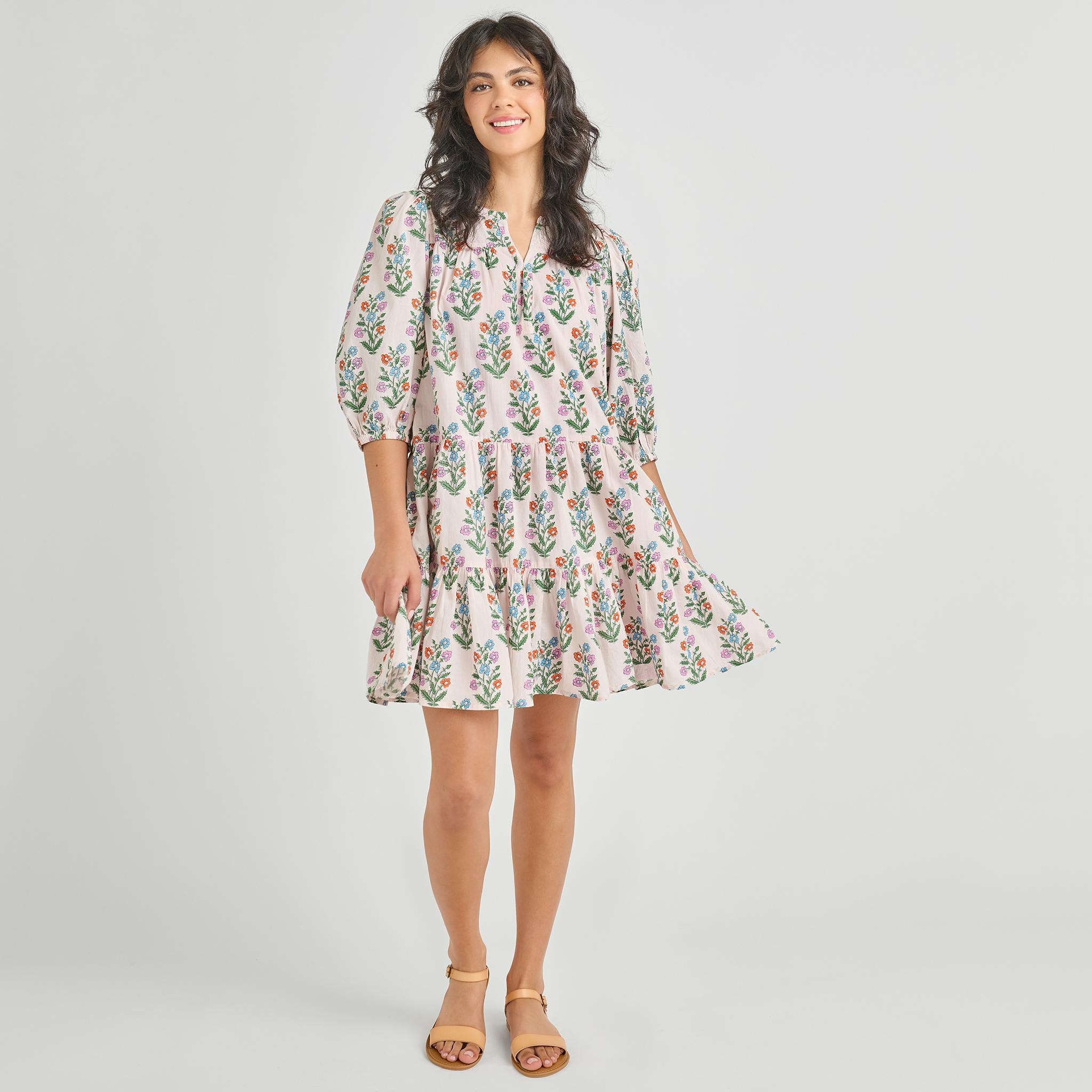 Womens Short Indira Dress - Pink Dewdrop Block Print