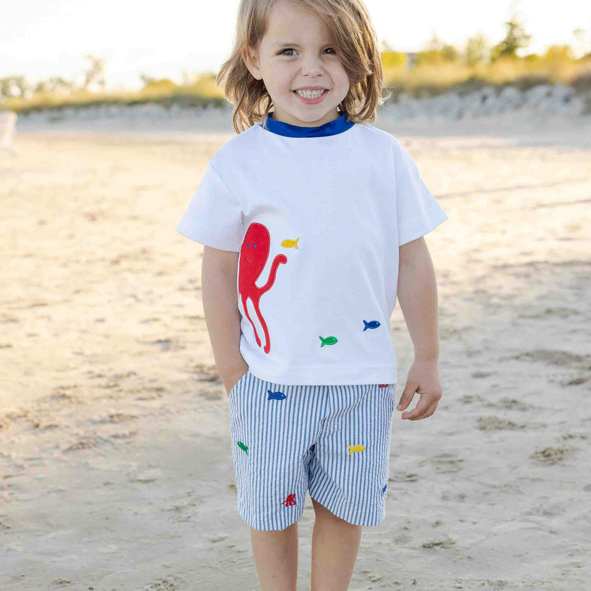 Seersucker Short With Embroidered Sea Creatures