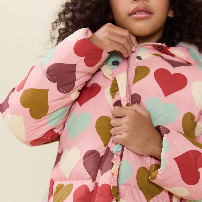 Girls Ruffle Pete Puffer - Multi Harvest Hearts