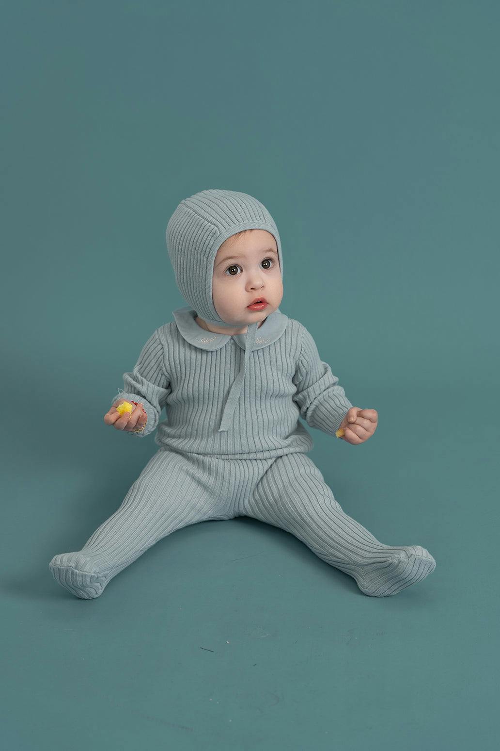Knitted Ruffle Collar Button Front Romper and Bonnet Two Piece Set