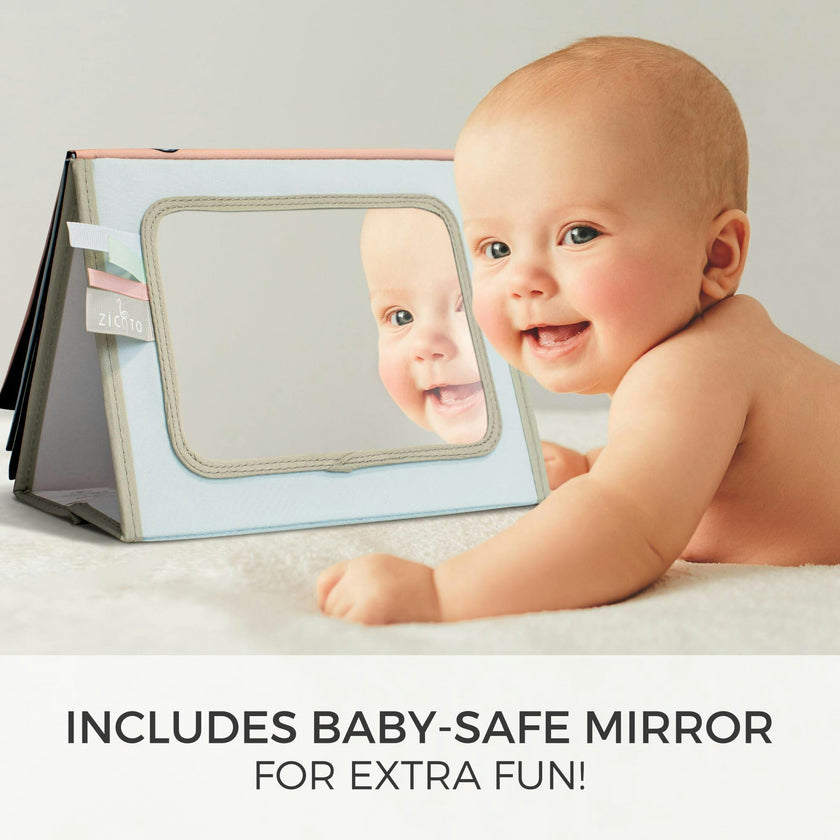 Soft Tummy Time Book w/Large Stimulating Baby Safe Mirror - High Contrast Montessori Toy w/Mirror, Crinkle Filling & Silicone Teether - For Newborn Development