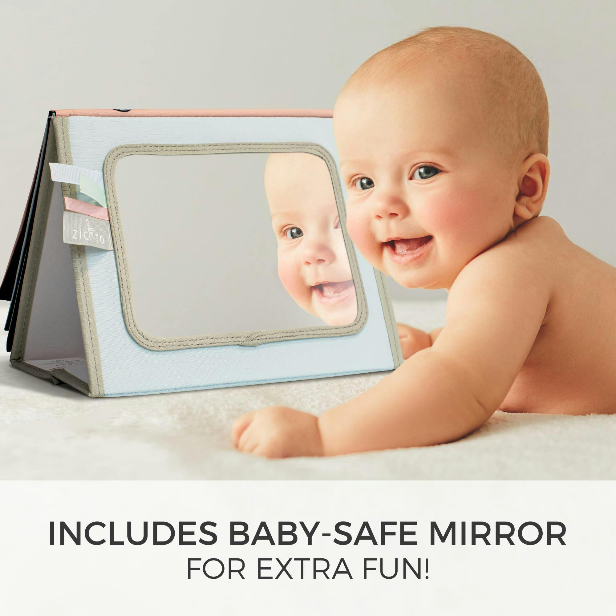 Soft Tummy Time Book w/Large Stimulating Baby Safe Mirror - High Contrast Montessori Toy w/Mirror, Crinkle Filling & Silicone Teether - For Newborn Development