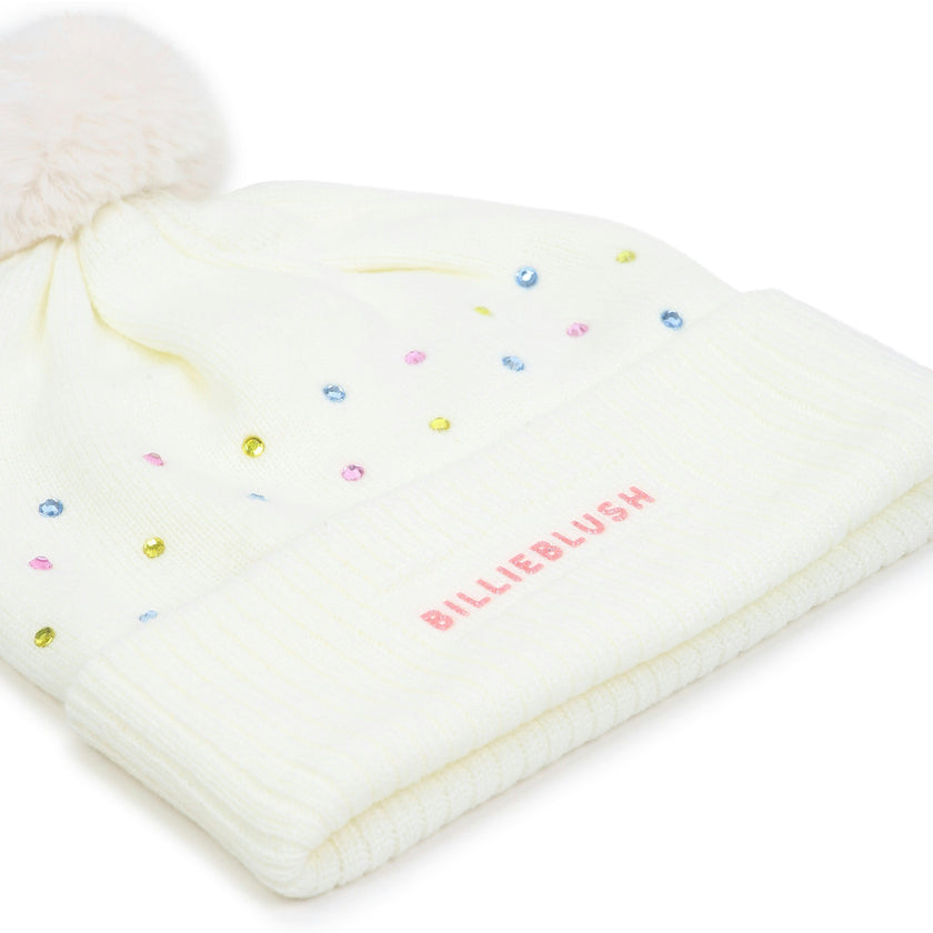 Ivory Rhinestone Pom Pom Beanie