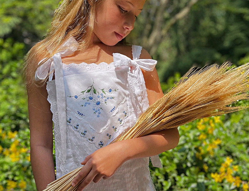 6y Drop-Waist Handkerchief Dress - Pastel Blue Flower Garden