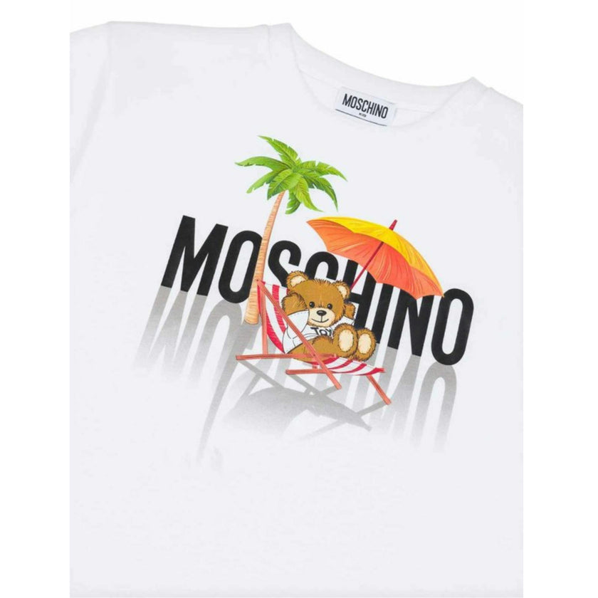 White Logo Print Short Sleeves Flared Skirt